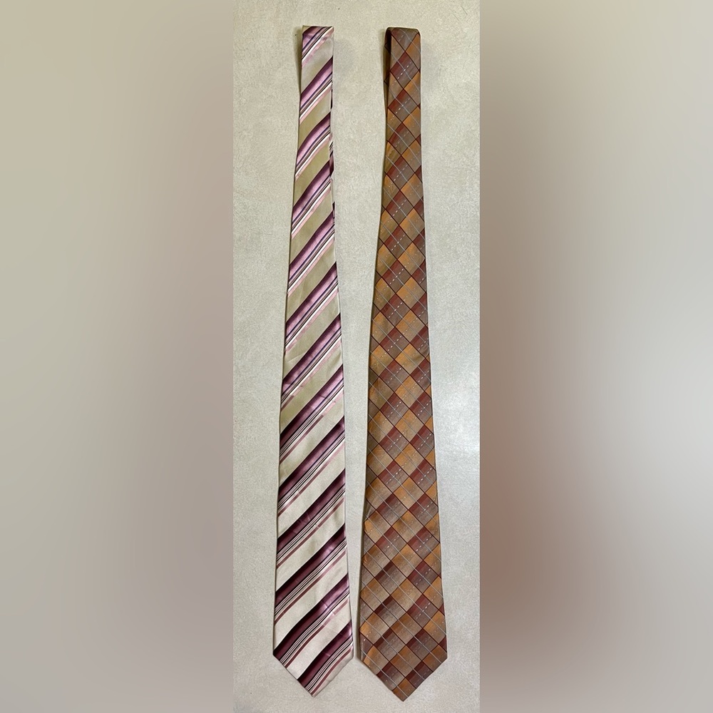 Geoffrey Beene Neckties (LOT of 2) - 100% Silk Handmade Classic Striped & Plaid